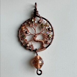 Copper Tree of Life Pendant with Amber Beads - Women Jewelry